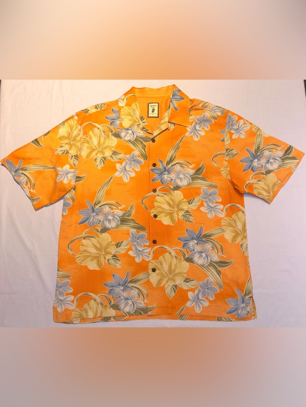 Jamaica Jaxx Men’s 100% Silk Orange Tropical Floral Hawaiian Shirt Size Large